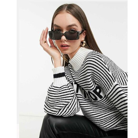 MNG Saint St Tropez Black White Striped Turtleneck Oversized Sweater Top Size XS - Picture 4 of 8